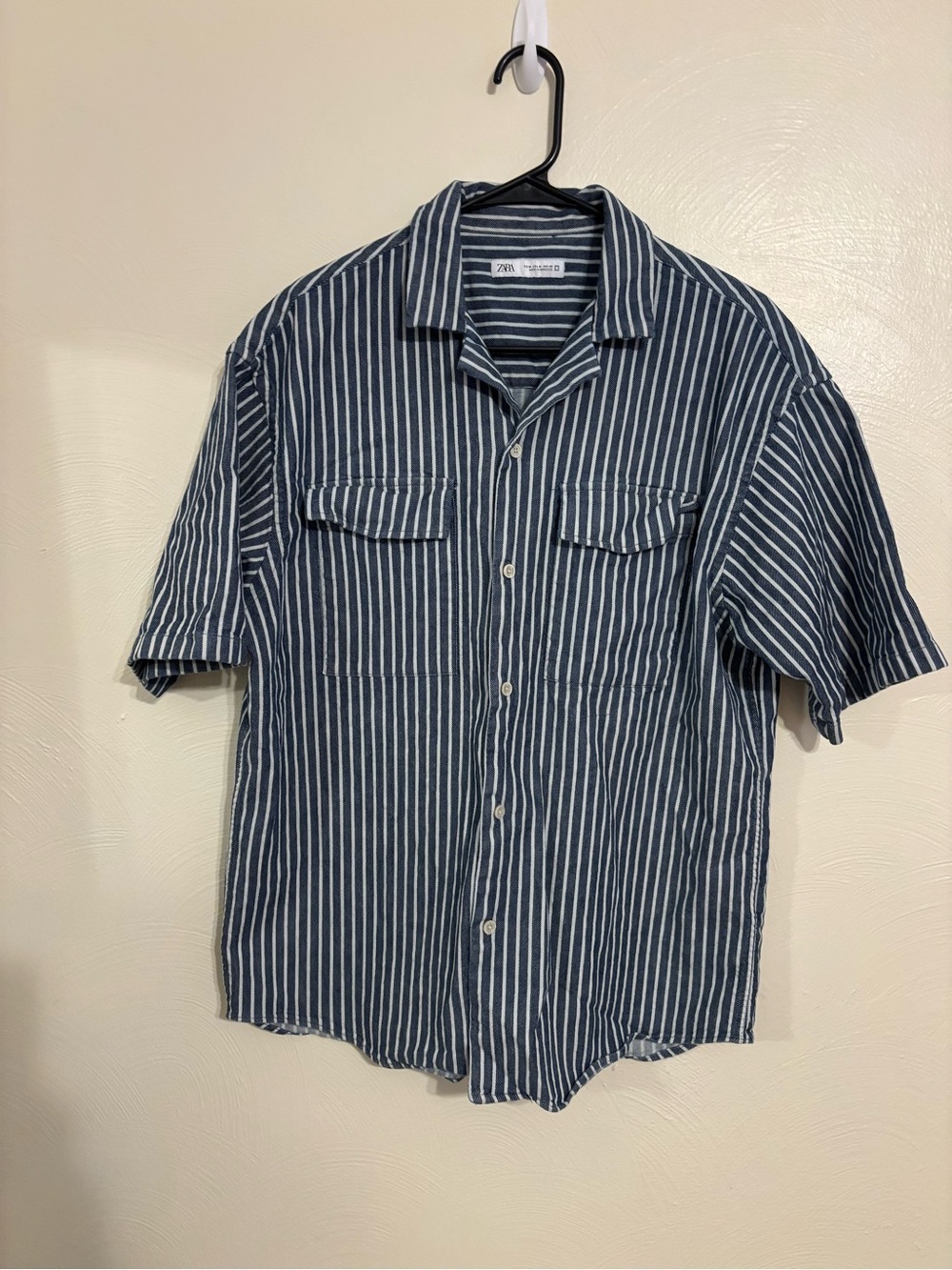 Zara Men’s Striped Short Sleeve Shirt Size M Blue White Cotton